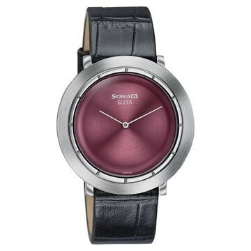 Sonata Sleek Burgundy Dial Silver-Tone Leather Strap Watch