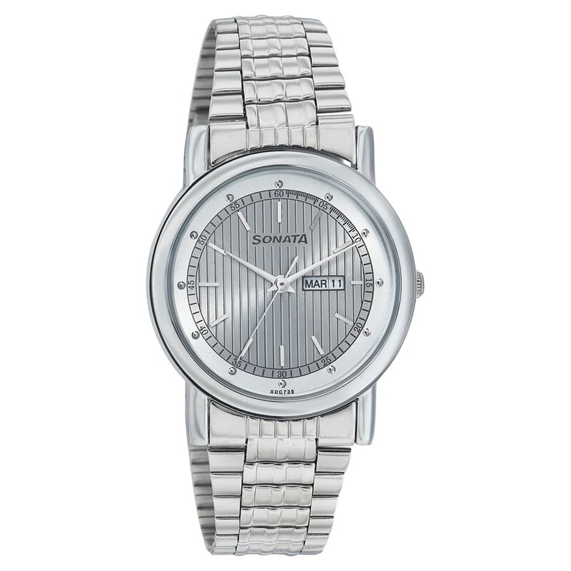 Sonata Quartz Analog with Day and Date Silver Dial Strap Watch for Men