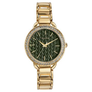 Sonata Wedding Bling Quartz Analog Green Dial Rose Gold Metal Strap Watch for Women