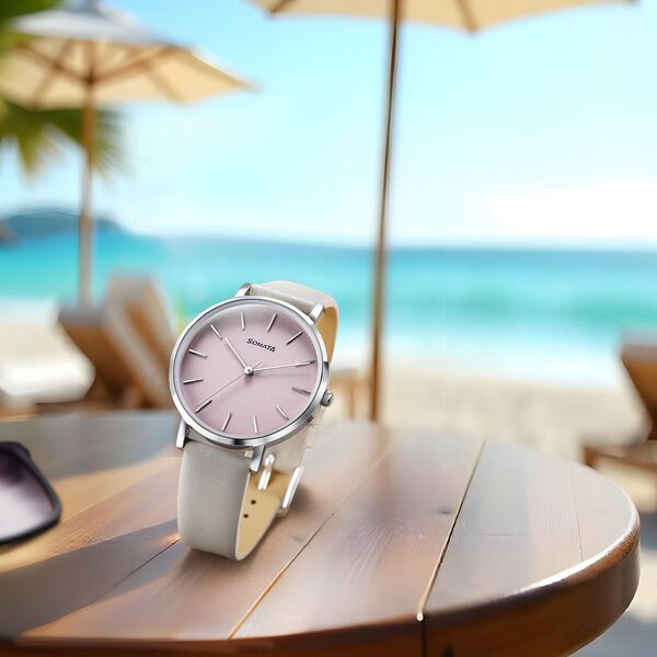 Sonata Pastel Play Quartz Analog Pink Dial Leather Strap Watch For Women - image number 0