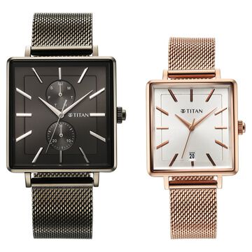 Titan Bandhan Black Dial Quartz Multifunction Stainless Steel Strap watch for Couple