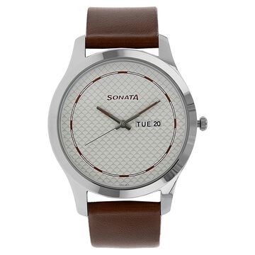 Sonata Quartz Analog with Day and Date White Dial Leather Strap Watch for Men