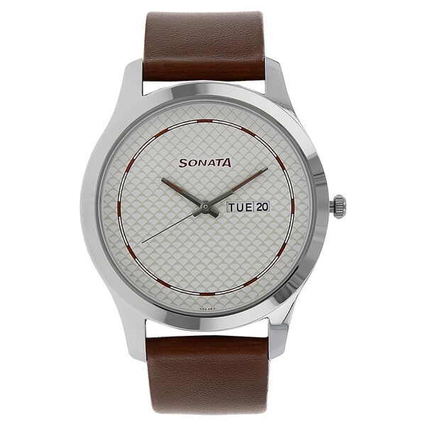 Sonata Quartz Analog with Day and Date White Dial Leather Strap Watch for Men - image number 0