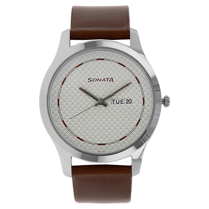 Sonata Quartz Analog with Day and Date White Dial Leather Strap Watch for Men