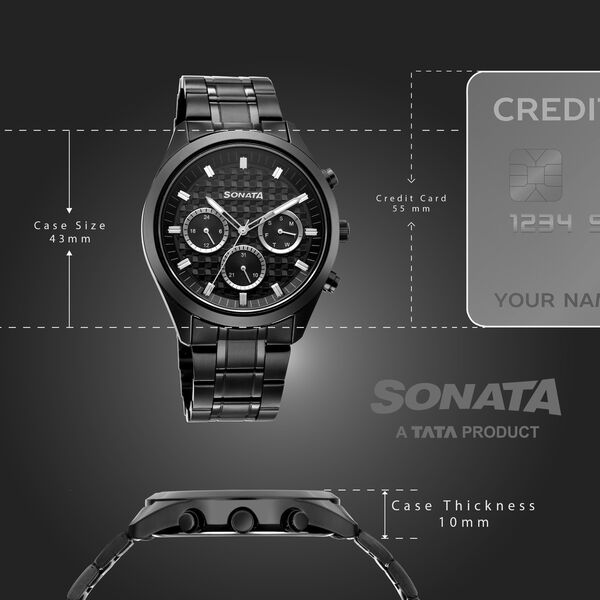 Sonata Multifunction Black Dial Black Metal Strap Watch For Men - image number 3