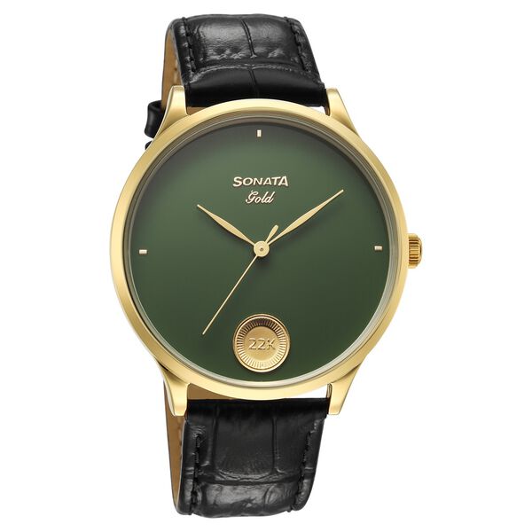 Sonata Sonata Gold Quartz Analog Sacred Forest Green With Gold Coin Dial Black Leather Strap Watch For Men - image number 0