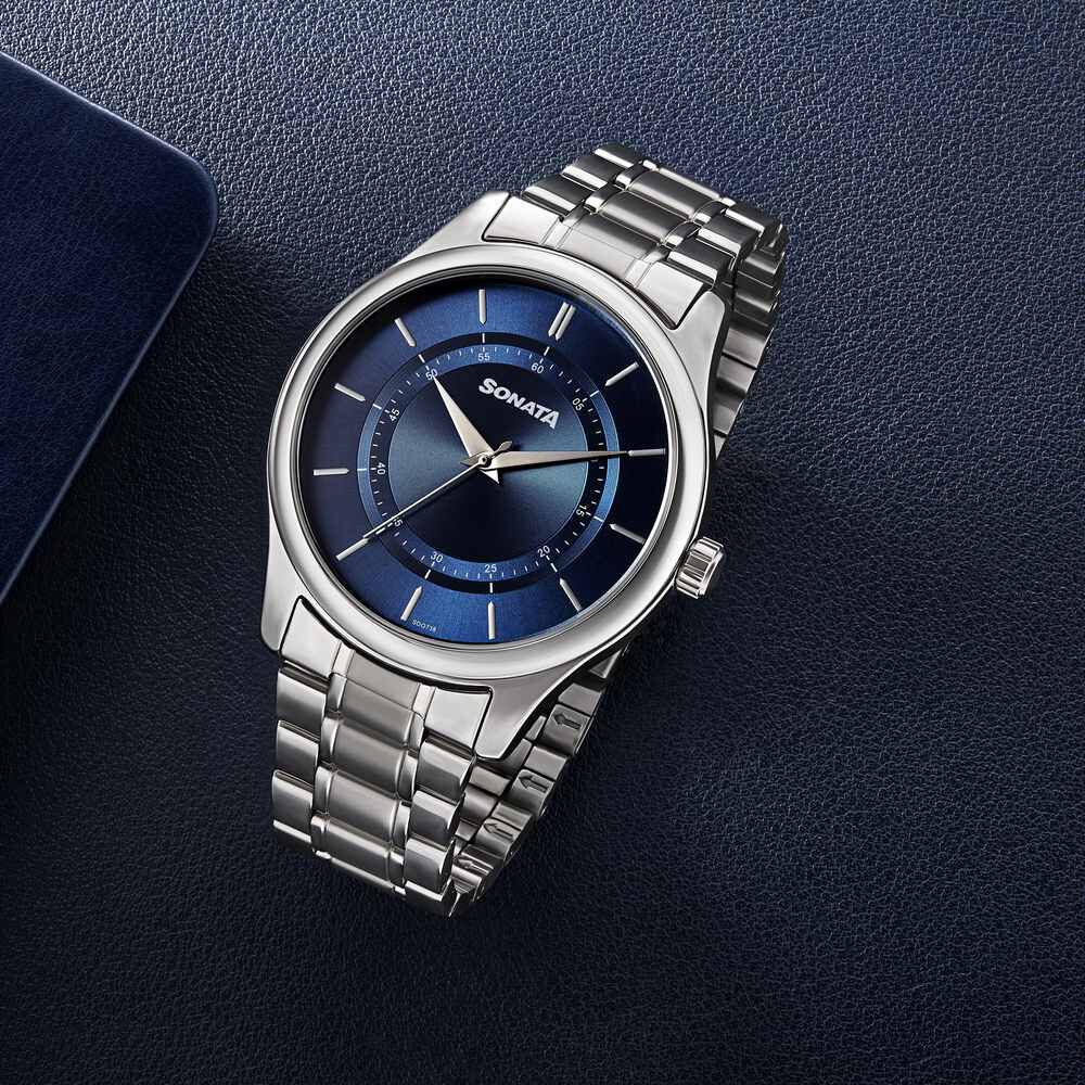 Sonata Quartz Analog Blue Round Dial Silver Stainless Steel Strap Watch For Men-image-23