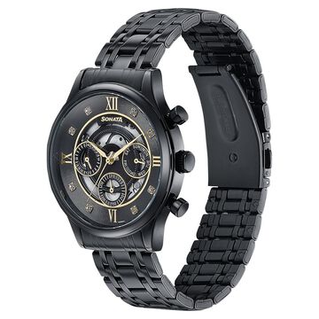 Sonata Quartz Multifunction Black Dial Stainless Steel Strap Watch For Men