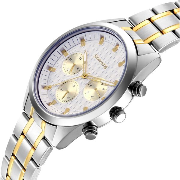 Sonata Multifunction White Dial Two Toned Metal Strap Watch For Men - image number 4