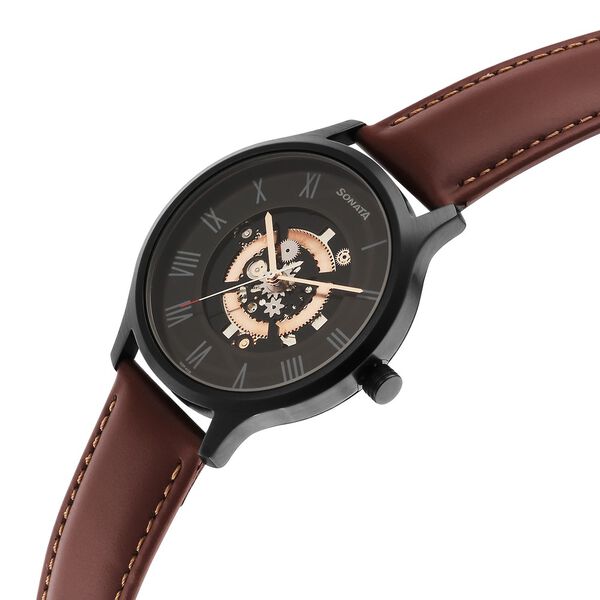Sonata Unveil Quartz Analog Black Dial Leather Strap Watch for Men - image number 2