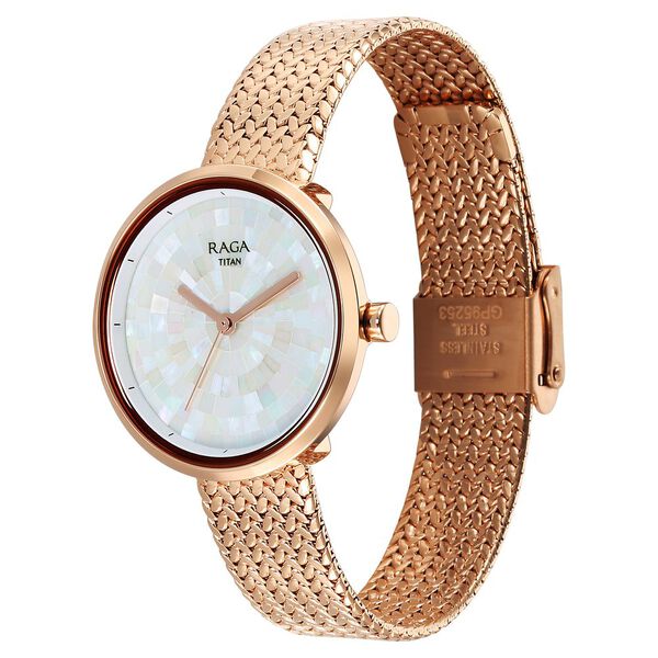 Titan Raga Memoirs Quartz Analog Mother Of Pearl Round Dial Rose Gold Metal Strap Watch For Women - image number 2