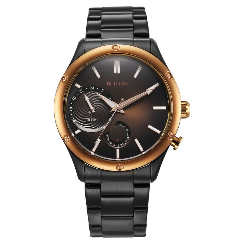 Titan Stellar Multifunction Brown Dial Black Stainless Steel Strap Watch For Men