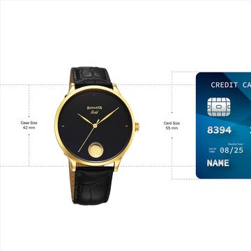 Sonata Gold Quartz Analog Watch for Men with Black Dial Leather Strap With An Eye-Catching Gold Coin on Dial