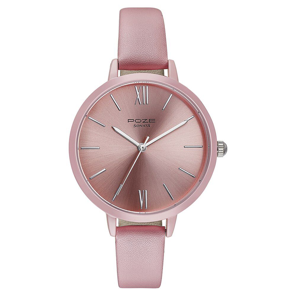 Buy Online Sonata Poze Quartz Analog Pink Dial Leather Strap Watch for Women sp80075kl01w p Titan