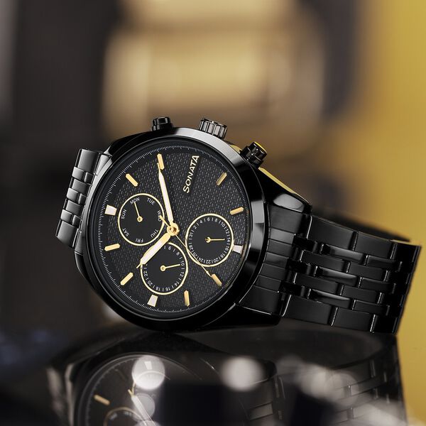 Sonata Magna Quartz Multifunction Black Dial Black Stainless Steel Strap Watch For Men - image number 0