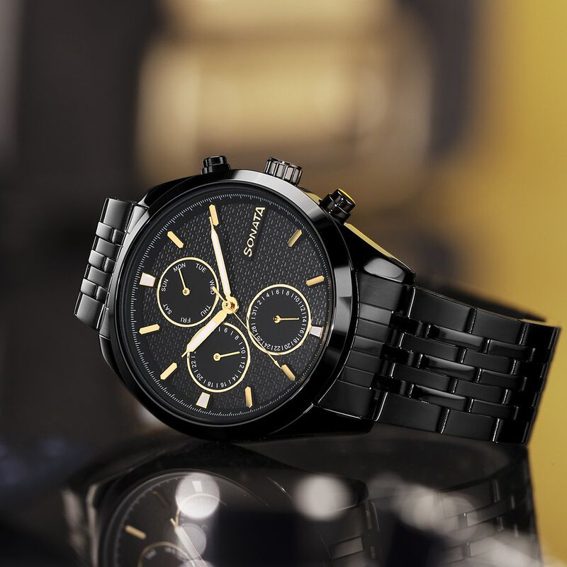 Sonata Magna Quartz Multifunction Black Dial Black Stainless Steel Strap Watch For Men