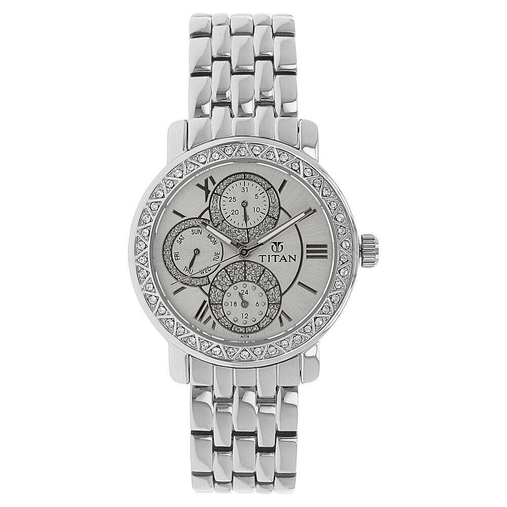 Buy Online Titan Quartz Analog with Day and Date White Dial Stainless Steel Strap Watch for Women nl9743sm01 Titan