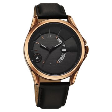 Fastrack Groove Quartz Analog with Date Grey Dial Black Leather Strap Watch For Guys