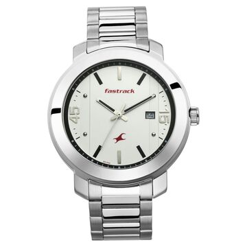 Fastrack Bare Basics Quartz Analog with Date White Dial Stainless Steel Strap Watch for Guys