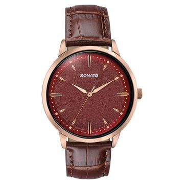Sonata Jashn Quartz Analog Red Dial Brown Leather Strap Watch For Men