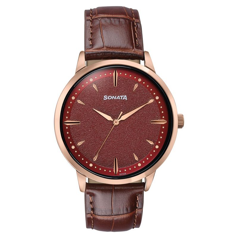 Sonata Jashn Quartz Analog Red Dial Brown Leather Strap Watch For Men