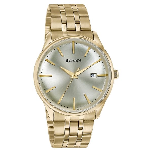 Sonata Wedding Edit Quartz Analog with Date Golden Dial Stainless Steel Strap Watch For Men - image number 2