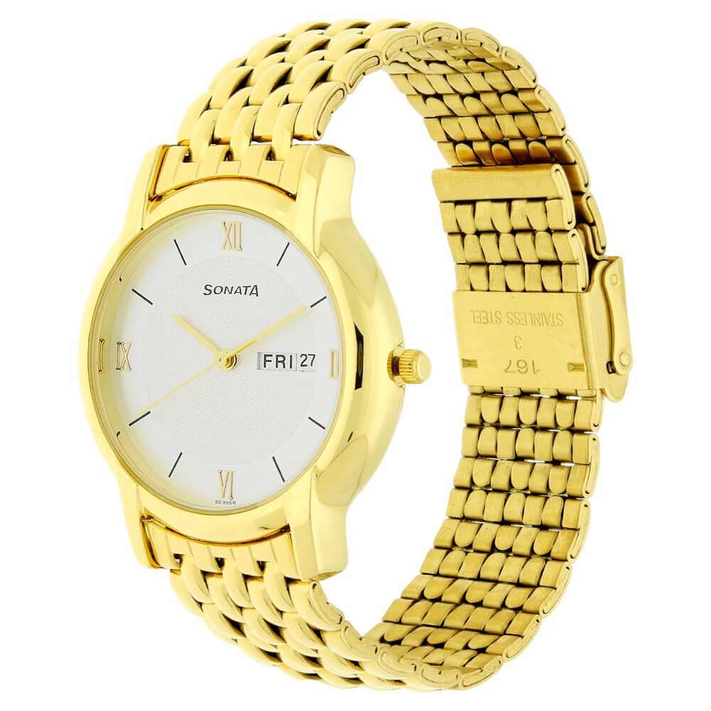 Sonata Quartz Analog with Day and Date White Dial Stainless Steel Strap Watch for Men