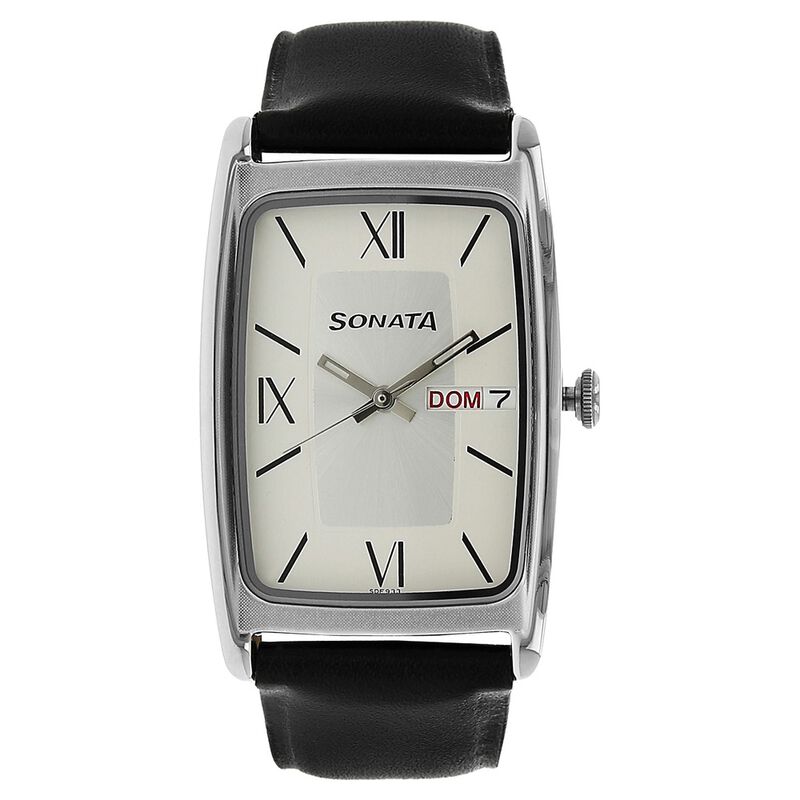 Sonata Quartz Analog with Day and Date Silver Dial Leather Strap Watch for Men