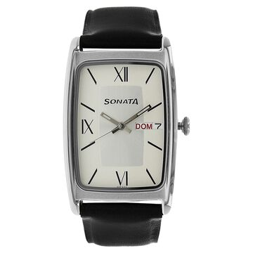 Sonata Quartz Analog with Day and Date Silver Dial Leather Strap Watch for Men