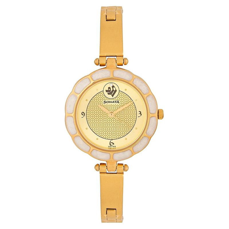 Sonata Quartz Analog Champagne Dial Stainless Steel Strap Watch for Women