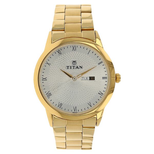 Titan Quartz Analog with Day and Date Silver Round Dial Golden Stainless Steel Strap Watch For Men - image number 0