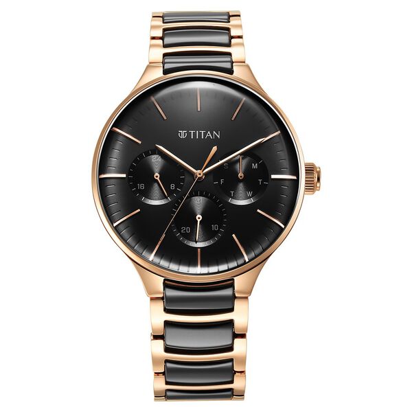 Titan Ceramic Fusion Quartz Multifunction Black Dial Rose Gold Dual-Toned Stainless Steel Bracelet Watch for Men - image number 3