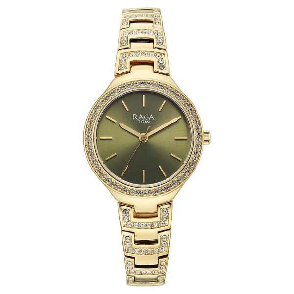 Titan Raga Spotlight Quartz Analog Green Dial Golden Metal Strap Watch For Women - image number 0