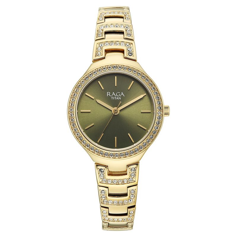 Titan Raga Spotlight Quartz Analog Green Dial Golden Metal Strap Watch For Women