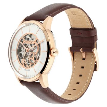 Titan Automatic Silver Dial Brown Leather Strap Watch