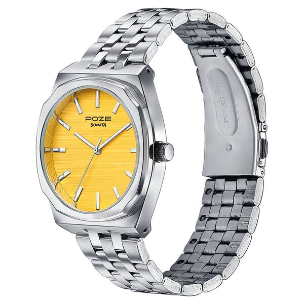 Sonata Poze Quartz Analog Yellow Dial Silver Colour Stainless Steel Strap Watch For Men - image number 4