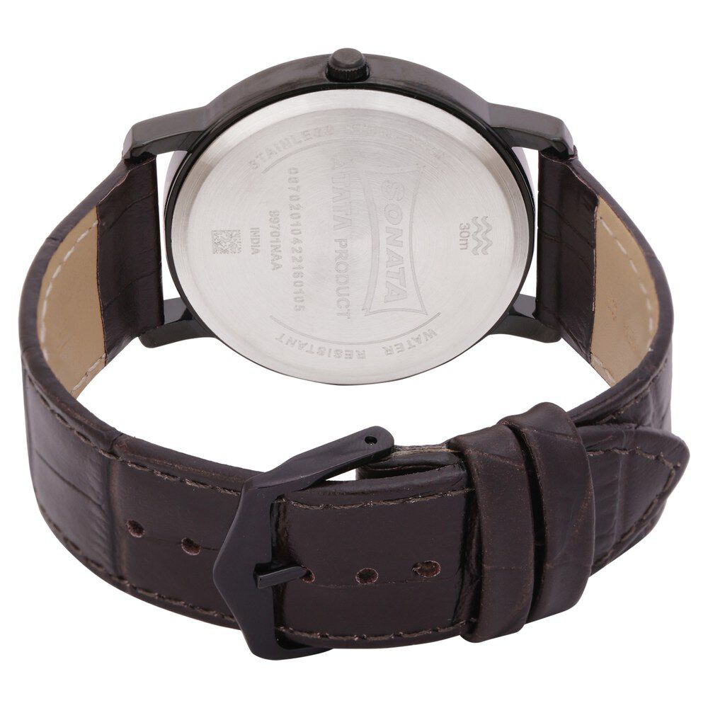 Buy Online Sonata Quartz Analog Golden Dial Leather Strap Watch for Men nr99701nl01 Titan