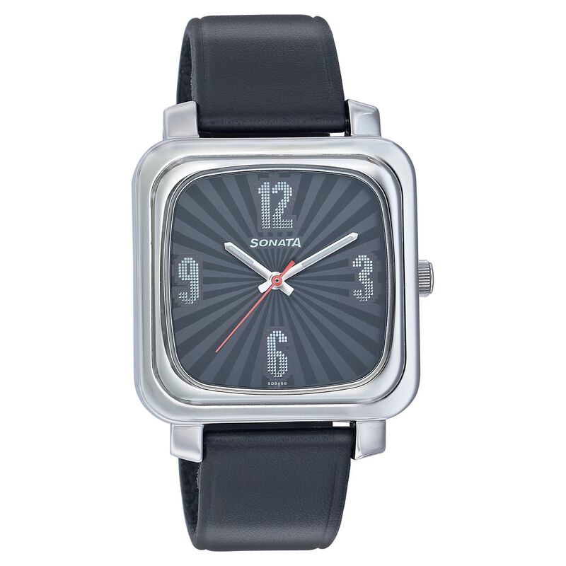 Sonata Quartz Analog Black Dial Leather Strap Watch for Men