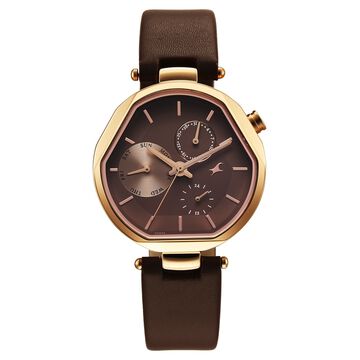 Fastrack Tick Tock Quartz Multifunction Brown Dial Leather Strap Watch For Girls