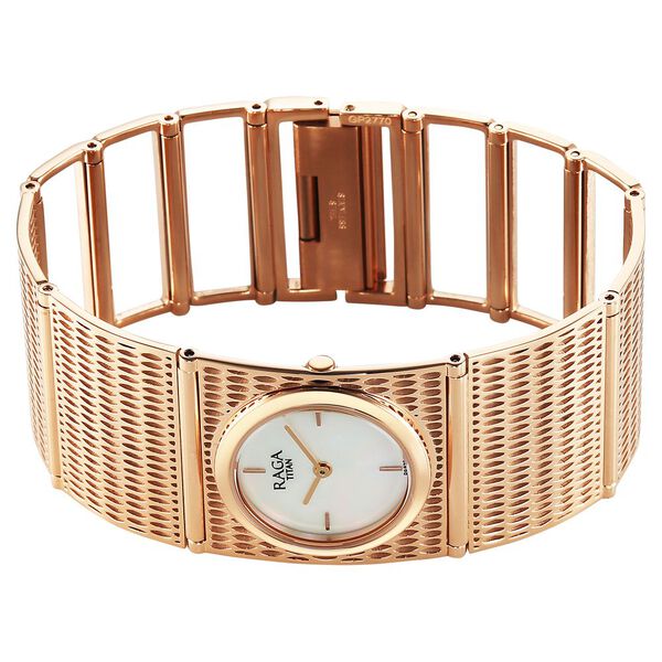 Titan Raga Ethereal Quartz Analog White Mother Of Pearl Dial Rose Gold Stainless Steel Strap Watch For Women - image number 3