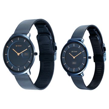 Titan Edge Pair Blue Dial Analog Stainless Steel Strap watch for Couple