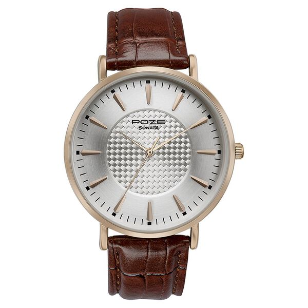 Sonata Poze Quartz Analog Silver Dial Tan Leather Strap Watch For Men - image number 1