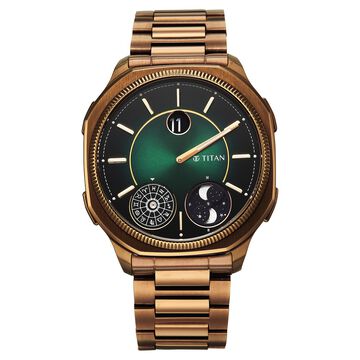 Titan Stellar Jumping Hour Micromotors Zodiac Analog with Dual Moonphase and Green Dial IP Bronze Stainless Steel Watch for Men