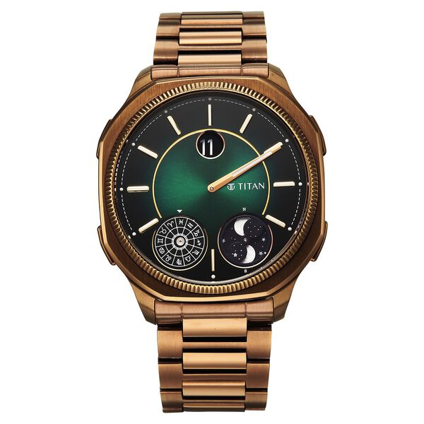 Titan Stellar Jumping Hour Micromotors Zodiac Analog with Dual Moonphase and Green Dial IP Bronze Stainless Steel Watch for Men - image number 1
