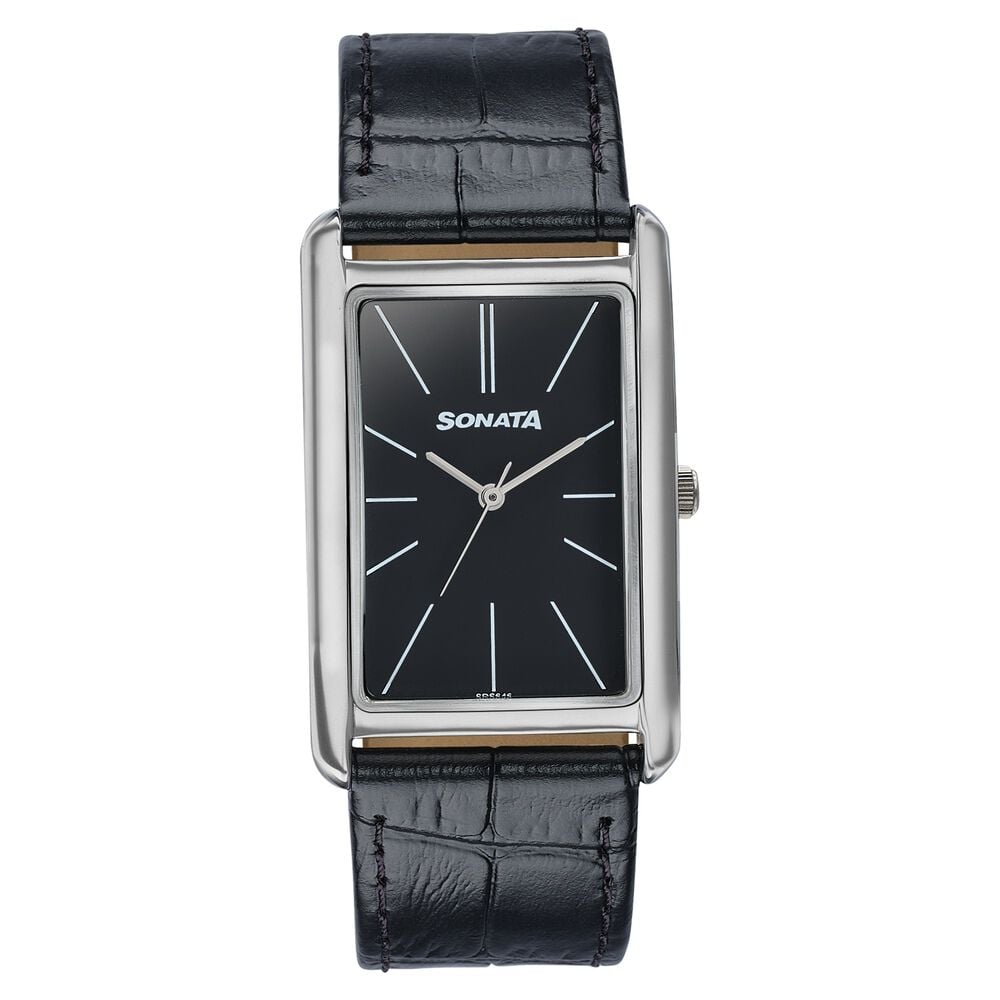 Sonata Ascent Black Rectangular Watch with Black Leather-image-2