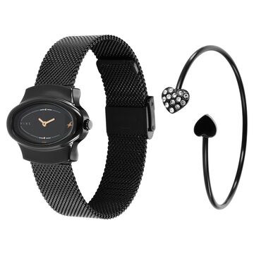 Fastrack Pulse Quartz Analog Black Dial Black Stainless Steel Strap Oval Shaped Watch For Girls