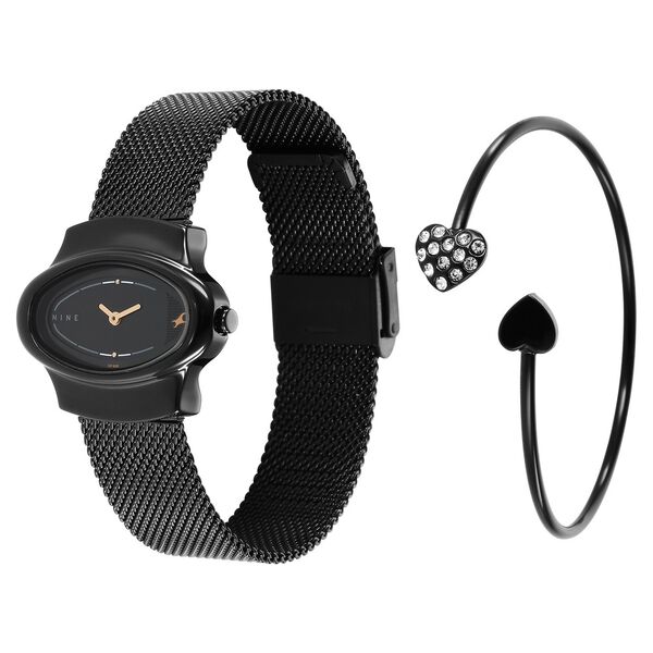 Fastrack Pulse Quartz Analog Black Dial Black Stainless Steel Strap Oval Shaped Watch For Girls - image number 3