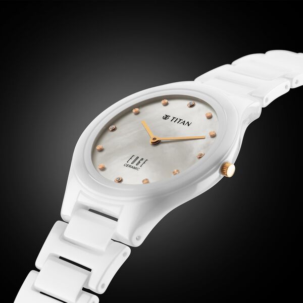 Titan Edge Ceramic Quartz in Arctic White with Diamonds and Rich Mother Of Pearl Dial Watch for Women - image number 2