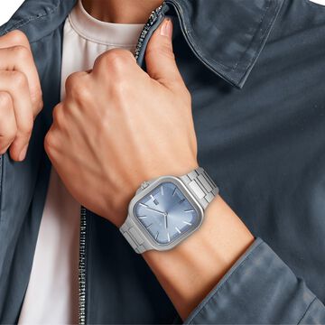Titan Classique Slim Square Quartz Analog with Date Blue Dial Silver Stainless Steel Strap Watch For Men