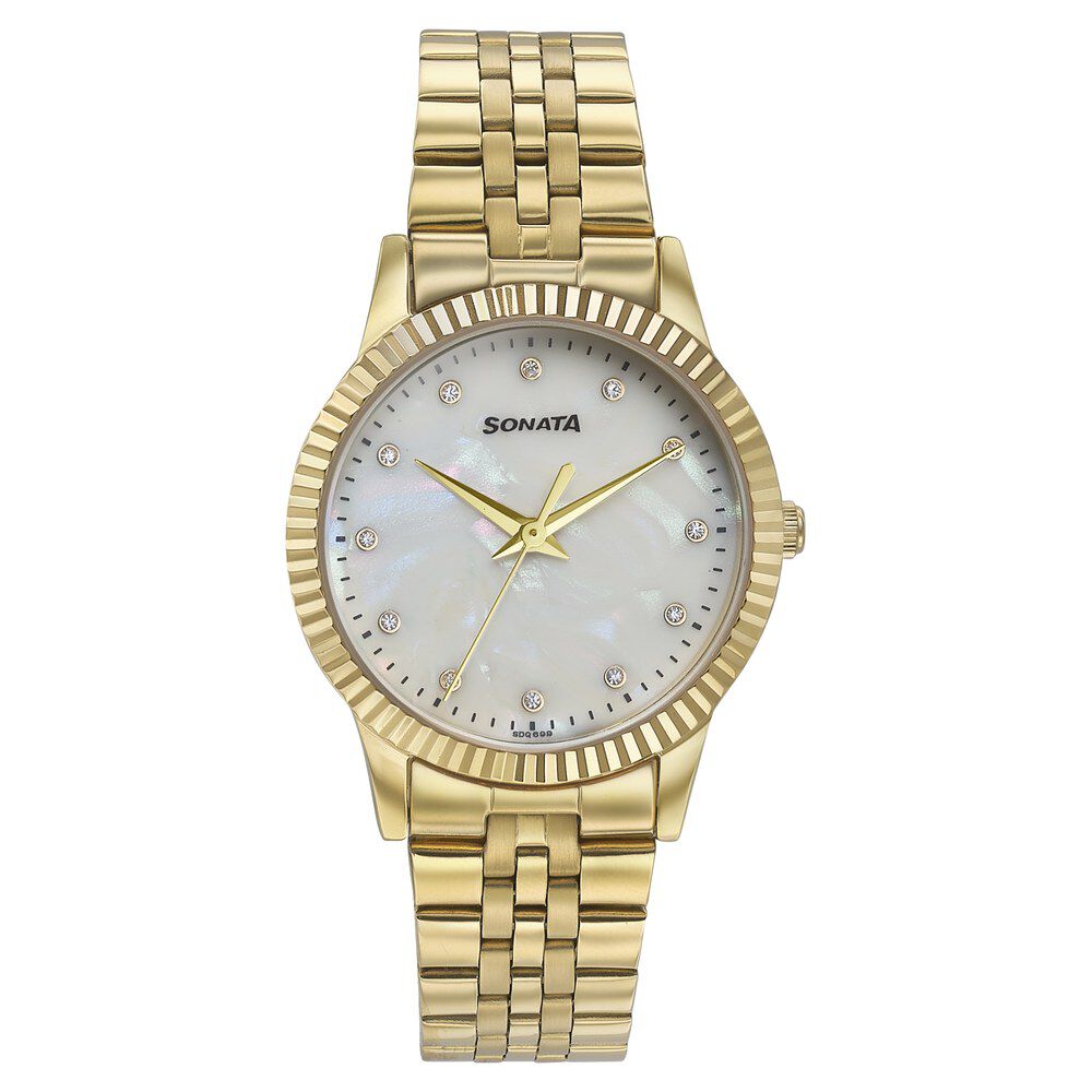 Buy Online Sonata Glam Gold Quartz Analog Off White Dial Stainless Steel Strap Watch For Women 87062ym02w Titan